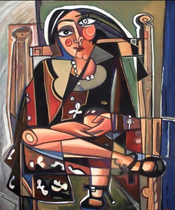 Painting titled "Femme assise sur ch…" by Hind Elamaoui, Original Artwork, Oil