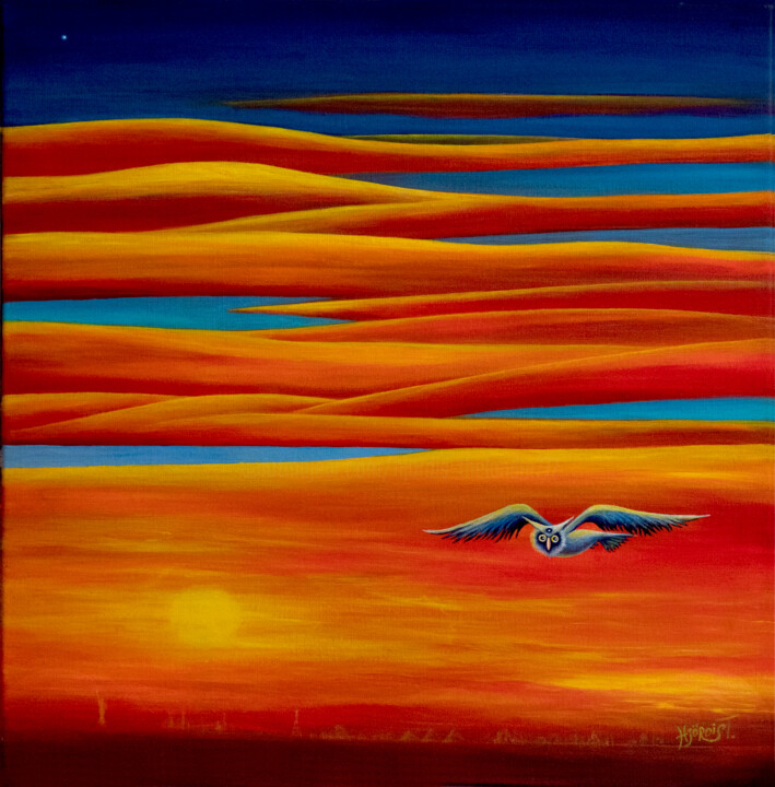 Ζωγραφική με τίτλο "Owl and The Sunset" από Hjördis Thelander, Αυθεντικά έργα τέχνης, Ακρυλικό