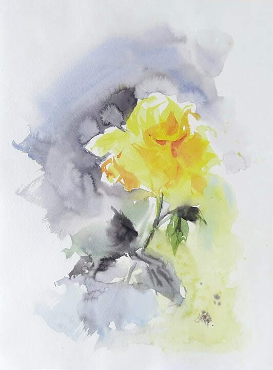 Schilderij getiteld "Yellow rose" door Anna Hnatiuk, Origineel Kunstwerk, Aquarel