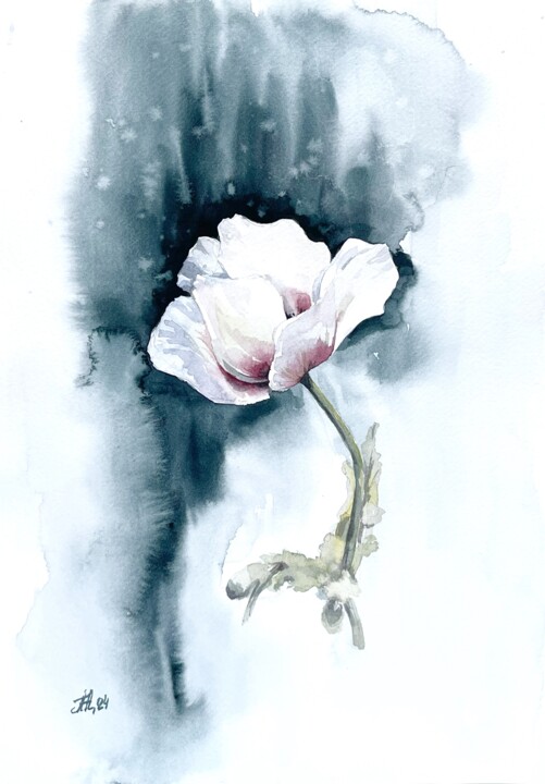 「White poppy」というタイトルの絵画 Anna Hnatiukによって, オリジナルのアートワーク, 水彩画