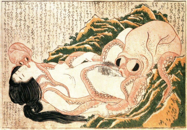 Painting titled "Le Rêve de la femme…" by Hokusai, Original Artwork, Watercolor