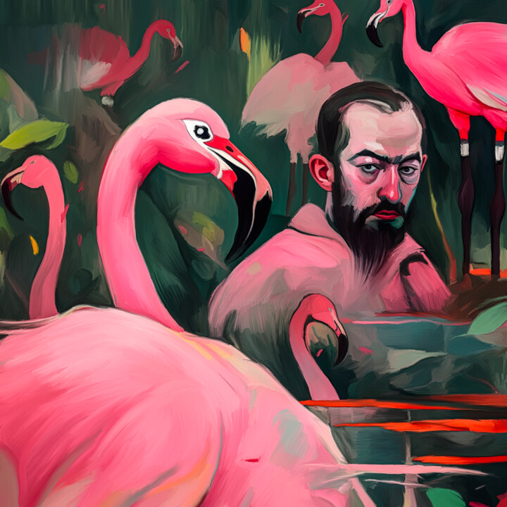 Ζωγραφική με τίτλο "Flamingo Men" από Holger Mühlbauer-Gardemin, Αυθεντικά έργα τέχνης, Ακρυλικό Τοποθετήθηκε στο Ξύλινο φορ…