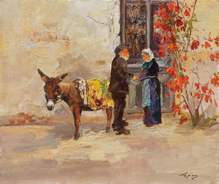 Painting titled "Village Interlude" by Hrach Baghdasaryan, Original Artwork, Oil Mounted on Wood Stretcher frame