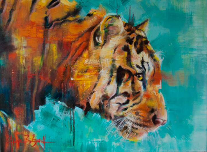 Schilderij getiteld "« Tigre en quête »" door Hugo Biebrach, Origineel Kunstwerk, Olie Gemonteerd op Frame voor houten branc…