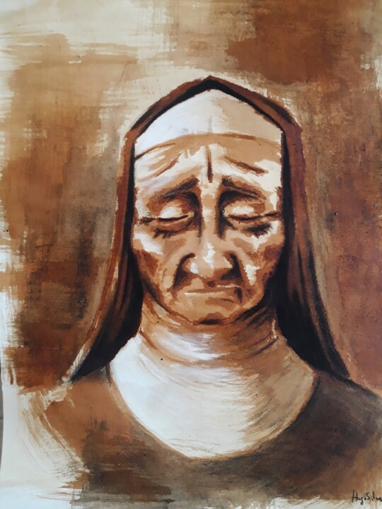 Painting titled "Nun" by Hugo Silva, Original Artwork, Charcoal