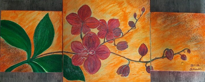 Drawing titled "orchidée rouge" by Iakim, Original Artwork, Acrylic Mounted on Wood Stretcher frame