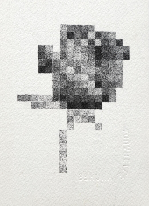 Drawing titled "Pixel Rose" by Iana Cherepanska, Original Artwork, Ink