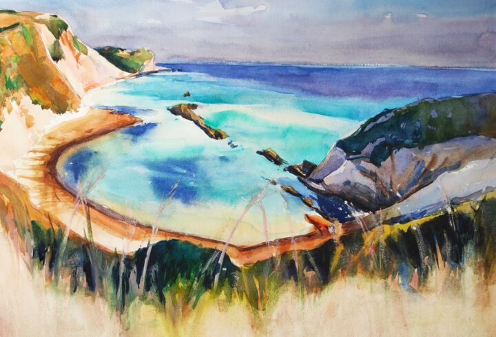 Malerei mit dem Titel "Dorset Coast" von Ibolya Taligas, Original-Kunstwerk, Aquarell