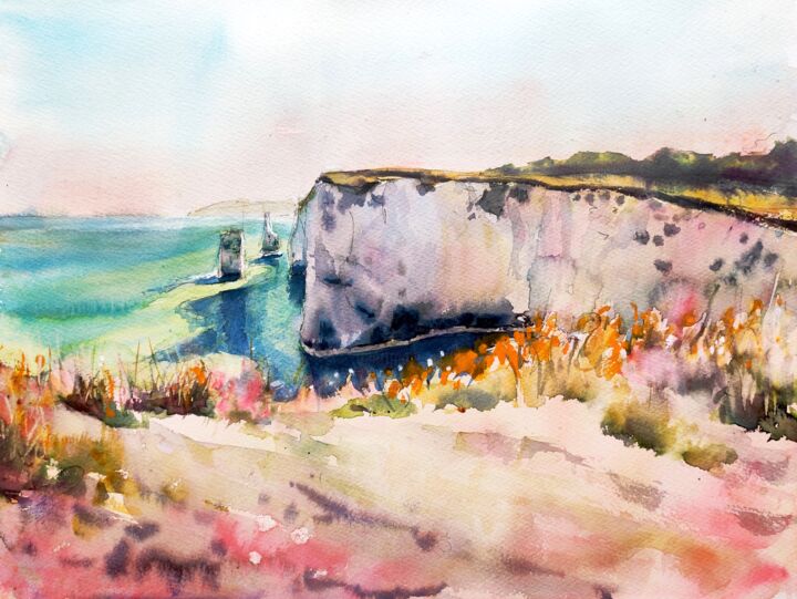 Painting titled "Old Harry Rocks, Pu…" by Ibolya Taligas, Original Artwork, Watercolor