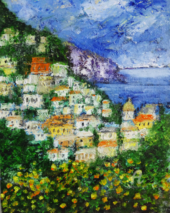 Painting titled "Positano Landscape…" by Indrani Ghosh, Original Artwork, Oil Mounted on Other rigid panel