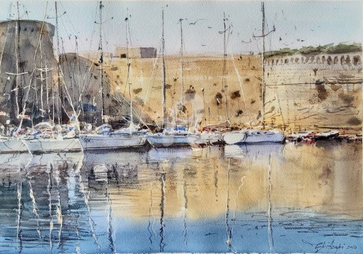 Schilderij getiteld "Castel and boats" door Igli Arapi, Origineel Kunstwerk, Aquarel