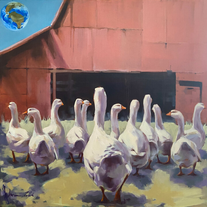 Schilderij getiteld "Geese and universe." door Igor Shulman, Origineel Kunstwerk, Olie Gemonteerd op Frame voor houten branc…