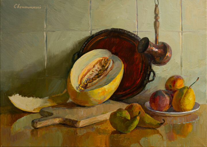 Ζωγραφική με τίτλο "Still life with mel…" από Igor Sventitski, Αυθεντικά έργα τέχνης, Λάδι Τοποθετήθηκε στο Ξύλινο φορείο σκ…