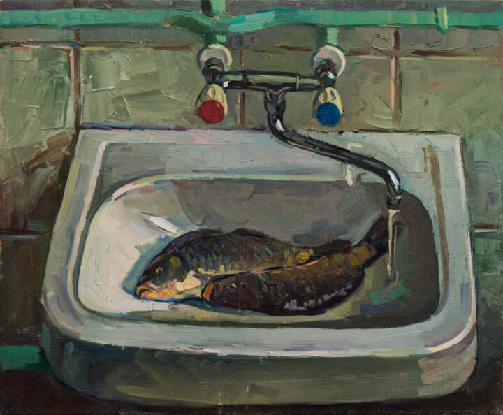 Painting titled "Carps" by Igor Sventitski, Original Artwork, Oil Mounted on Wood Stretcher frame