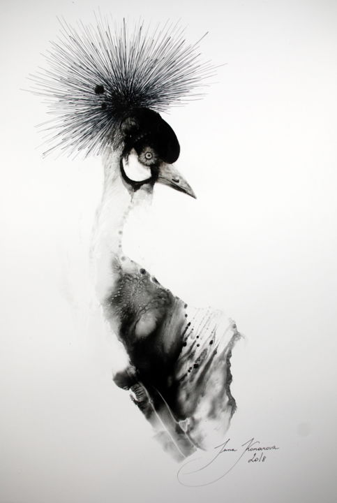 Dessin intitulée "crowned crane" par Inna Komarova, Œuvre d'art originale, Autre