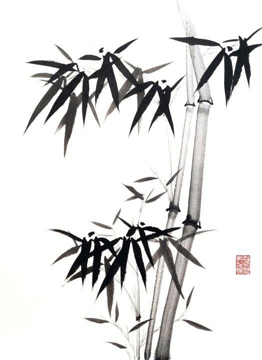 Painting titled "Two bamboo branches…" by Ilana Shechter, Original Artwork, Ink