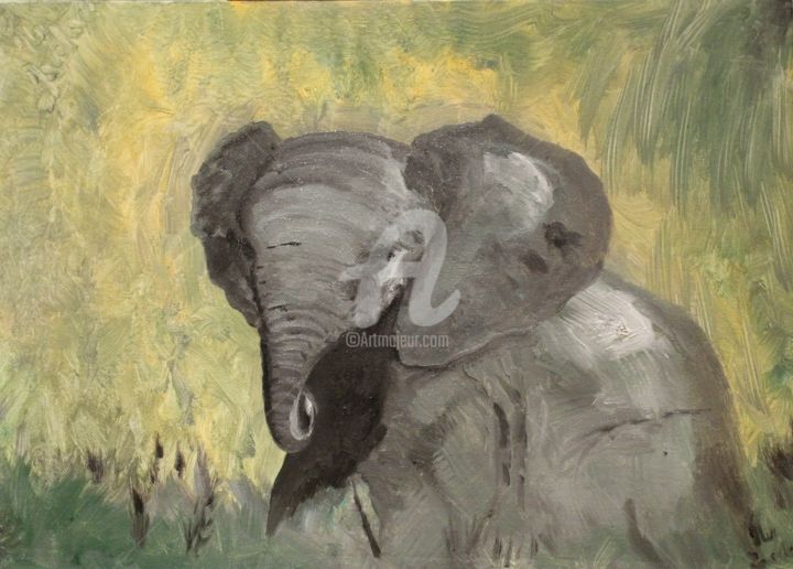 Schilderij getiteld "Elefantino in savana" door Ilir Jacellari, Origineel Kunstwerk, Olie