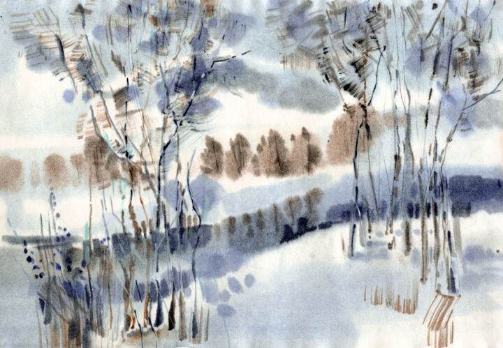 Painting titled "Winter river and as…" by Ilona Baleishyts, Original Artwork, Watercolor