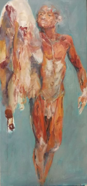 Schilderij getiteld "Naked without skin" door Ingrid Joris, Origineel Kunstwerk, Olie Gemonteerd op Frame voor houten branca…