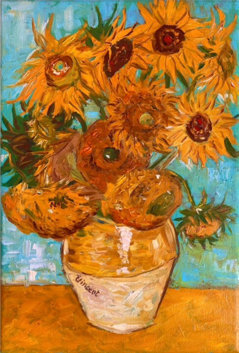 Pintura intitulada "Van Gogh Sunflowers…" por Inna Kalenychenko, Obras de arte originais, Óleo