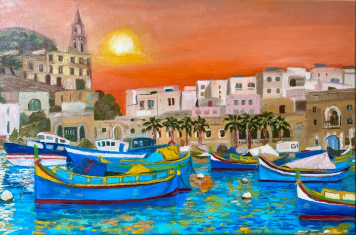 「Maltese Boats Seasc…」というタイトルの絵画 Inna Kalenychenkoによって, オリジナルのアートワーク, オイル ウッドストレッチャーフレームにマウント