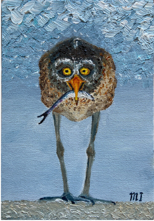 View in room Artwork: Funny bird painting Heron bird painting Bird fishing art