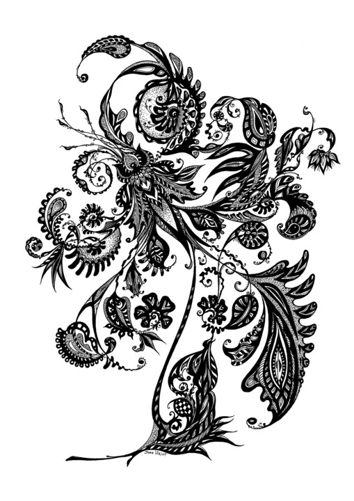 Dessin intitulée "Fleur féerique noir…" par Inna Viriot, Œuvre d'art originale, Encre Monté sur Plexiglas
