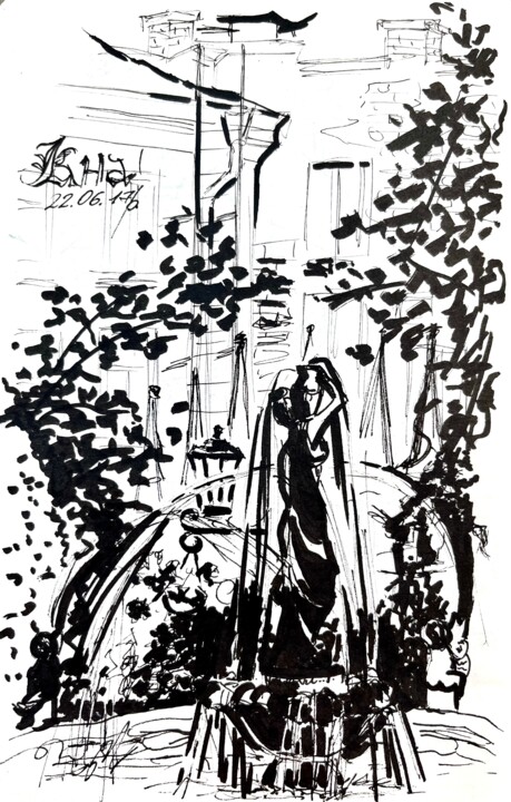 Drawing titled "The Fontaine, Knaus…" by Ira Popovych, Original Artwork, Ink