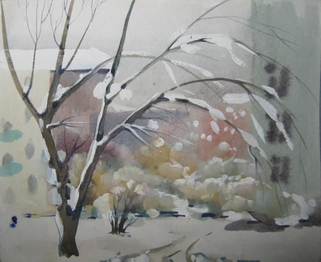Картина под названием "the first snow" - Irina Bogomolova, Подлинное произведение искусства, Масло