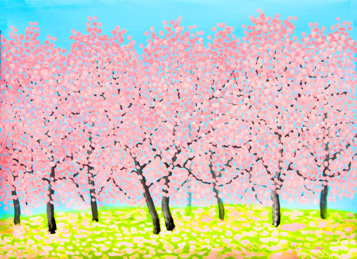 Painting titled "Pink spring trees 2" by Irina Afonskaya, Original Artwork, Acrylic