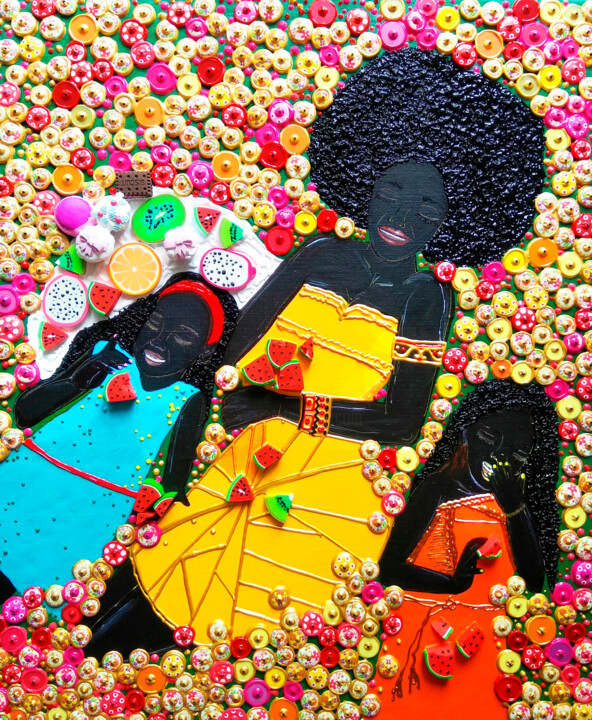 Malerei mit dem Titel "BLACK AFRO MOTHER A…" von Irina Bast, Original-Kunstwerk, Mosaik Auf Keilrahmen aus Holz montiert