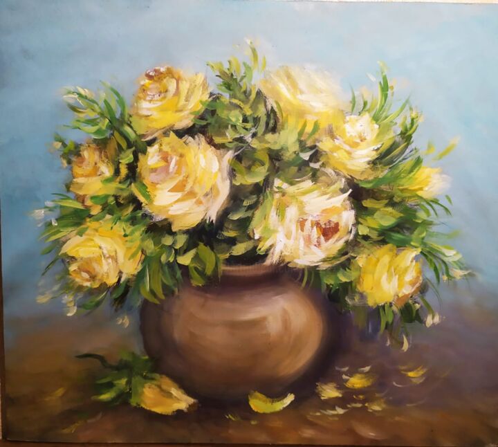Картина под названием "Жёлтые розы" - Ирина Чеботникова, Подлинное произведение искусства, Масло Установлен на Другая жестка…
