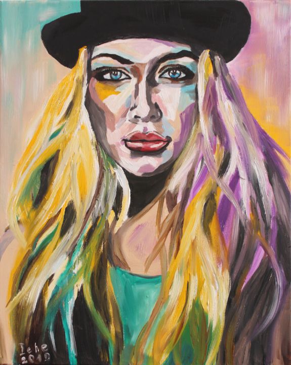 Painting titled "Blonde in black hat" by Irina Chernobay, Original Artwork, Oil Mounted on Wood Stretcher frame