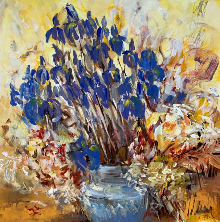 Pintura intitulada "Garden irises" por Irina Laube, Obras de arte originais, Acrílico