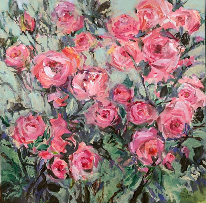 Schilderij getiteld "Pink roses" door Irina Laube, Origineel Kunstwerk, Acryl