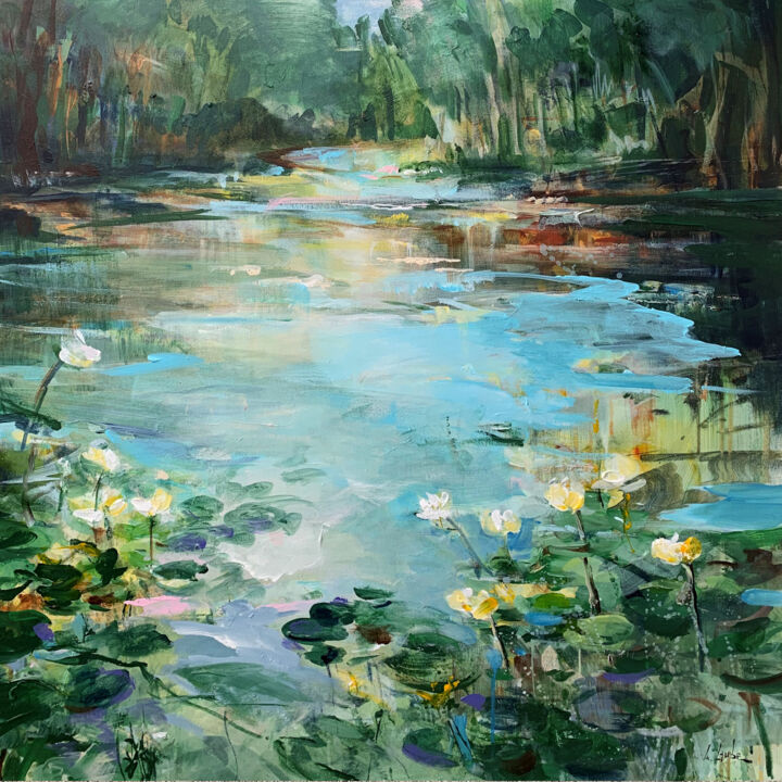 Malerei mit dem Titel "Forest Lake" von Irina Laube, Original-Kunstwerk, Acryl