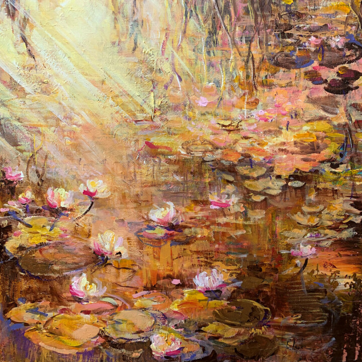 Malerei mit dem Titel "Water lily pond at…" von Irina Laube, Original-Kunstwerk, Acryl