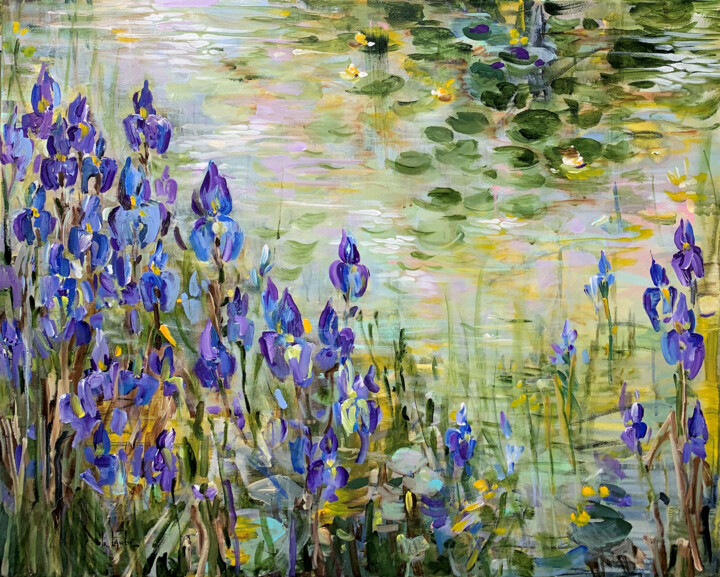 Картина под названием "Blue irises at the…" - Irina Laube, Подлинное произведение искусства, Акрил