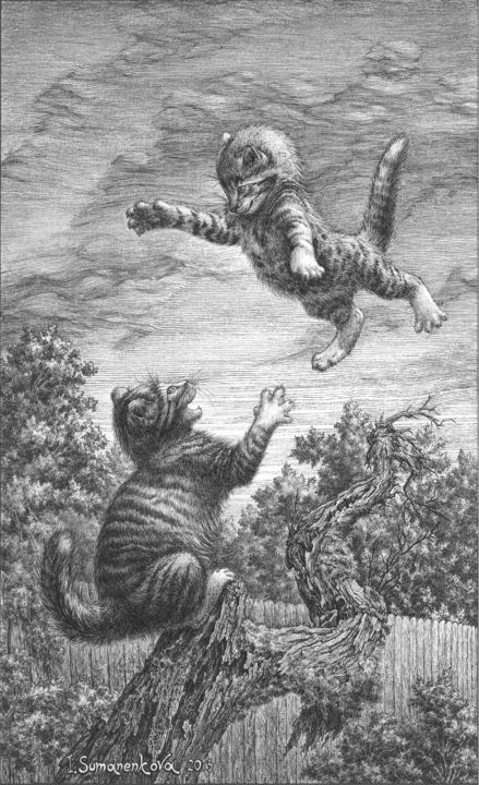 Drawing titled "Flying kitten. Orig…" by Irina Sumanenkova, Original Artwork, Marker