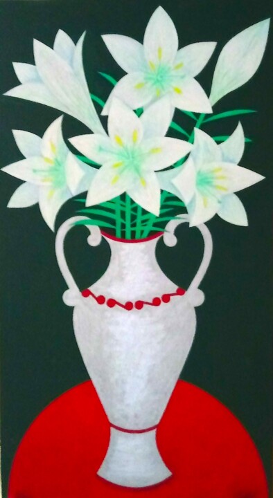 Painting titled "Lilies in Silver Va…" by Irina Rabeja, Original Artwork, Oil