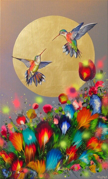 Painting titled "Hummingbirds at Sun…" by Irini Karpikioti, Original Artwork, Acrylic Mounted on Wood Stretcher frame