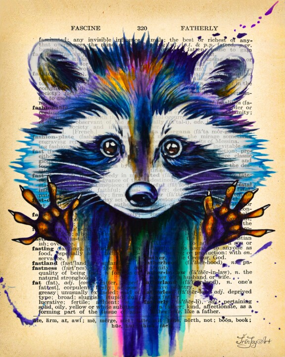 Картина под названием "Raccoon canvas pain…" - Irinjoyart, Подлинное произведение искусства, Акварель