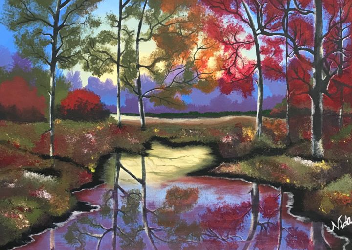 Malerei mit dem Titel "Autumn River&Forest" von Nida Irmak, Original-Kunstwerk, Acryl