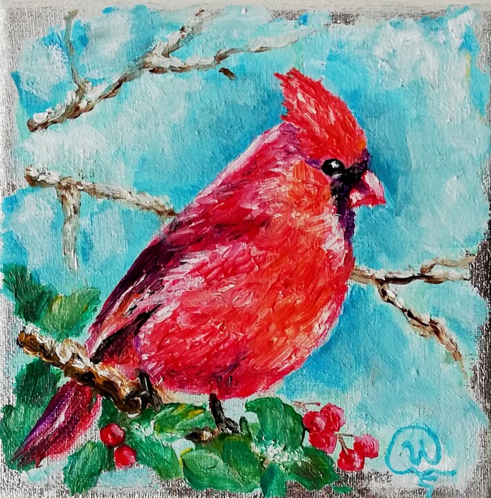 Malerei mit dem Titel "The Cardinal Bird M…" von Iryna Fedarava, Original-Kunstwerk, Öl Auf Keilrahmen aus Holz montiert