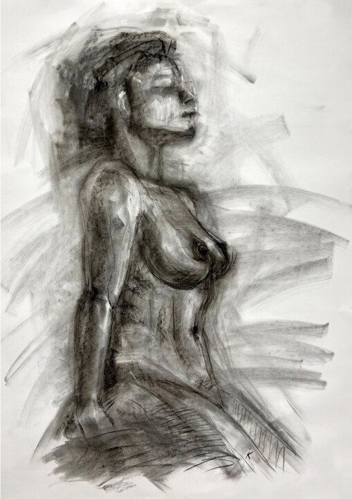 Dibujo titulada "Naked girl sitting" por Iryna Kopyrina, Obra de arte original, Carbón