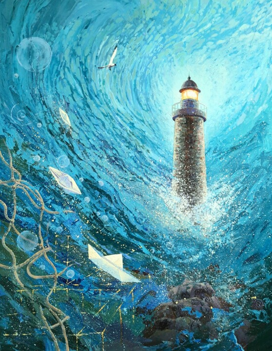 Painting titled "Lighthouse" by Iryna Makhovska, Original Artwork, Acrylic Mounted on Wood Stretcher frame