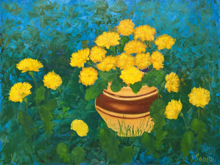 Malerei mit dem Titel "Dandelions oil pain…" von Iryna Sapsai, Original-Kunstwerk, Öl