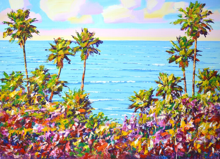 Pintura intitulada "Palm trees. Ocean.…" por Iryna Kastsova, Obras de arte originais, Acrílico Montado em Armação em madeira