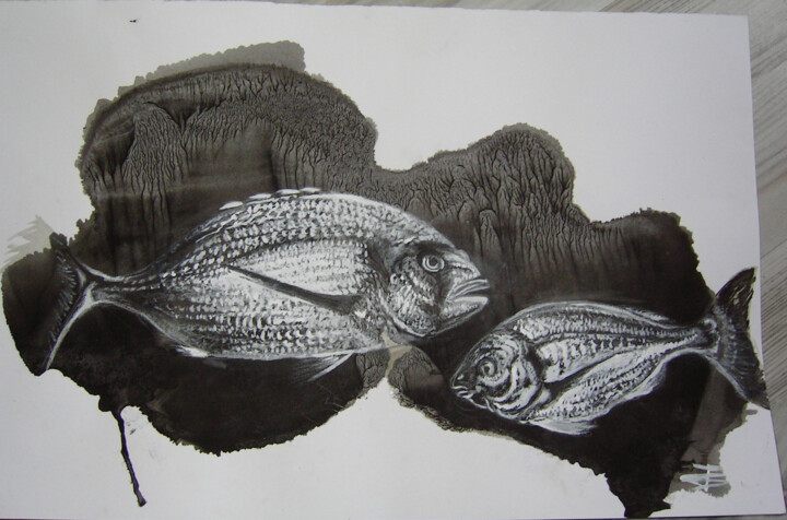 Dibujo titulada "Les Poissons" por Isabelle Blanc, Obra de arte original, Tinta