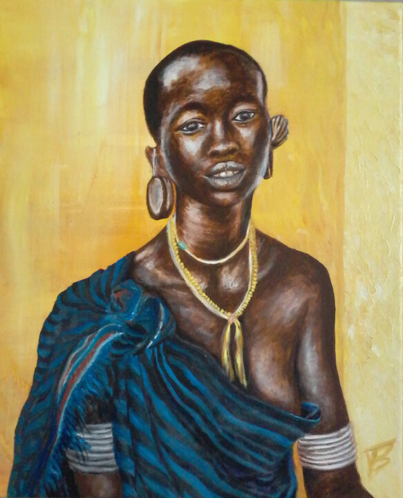 Painting titled "L'Africaine" by Isabelle Blanc, Original Artwork, Acrylic Mounted on Wood Stretcher frame